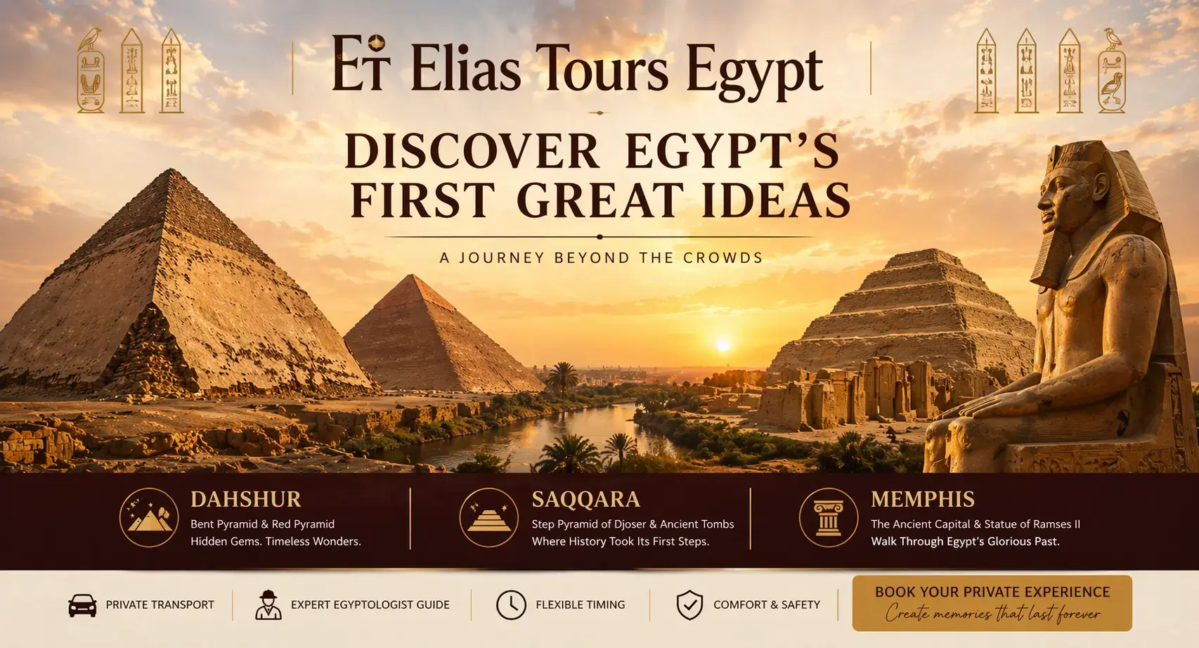 Dahshur pyramids (Bent and Red Pyramid), Saqqara Step Pyramid and Memphis Ramses II statue, Egypt private guided tour by Et Elias Tours Egypt at golden sunset