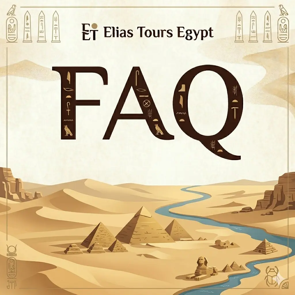 Elias Tours Egypt FAQ icon featuring ancient Egyptian style FAQ letters with pyramids and Sphinx desert landscape background