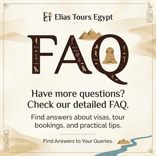 Elias Tours Egypt FAQ icon featuring ancient Egyptian style FAQ letters with pyramids and Sphinx desert landscape background