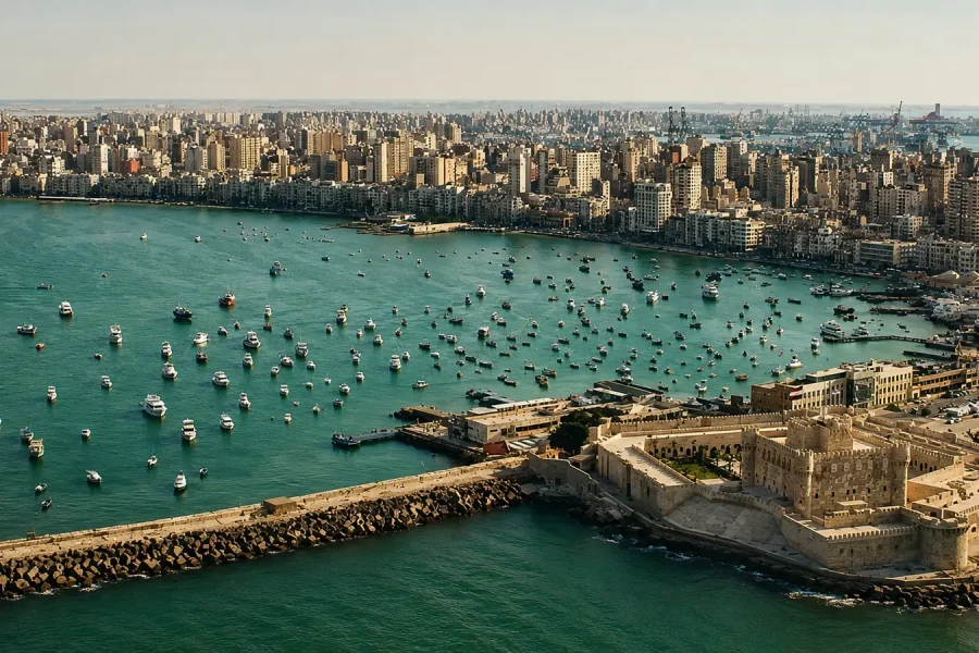 Alexandria Shore Excursion from Cruise Port – Qaitbay Citadel and Alexandria coastline aerial view